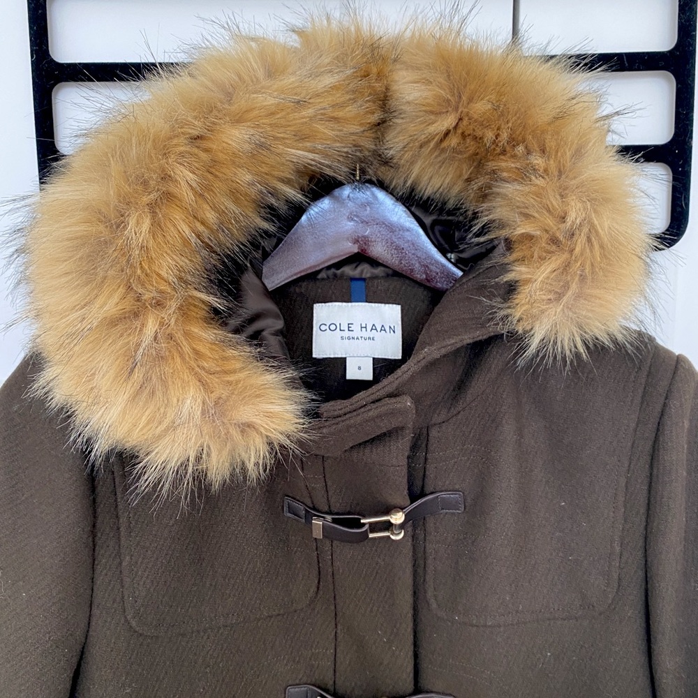 Cole Haan Wool + Faux Fur Hooded Coat